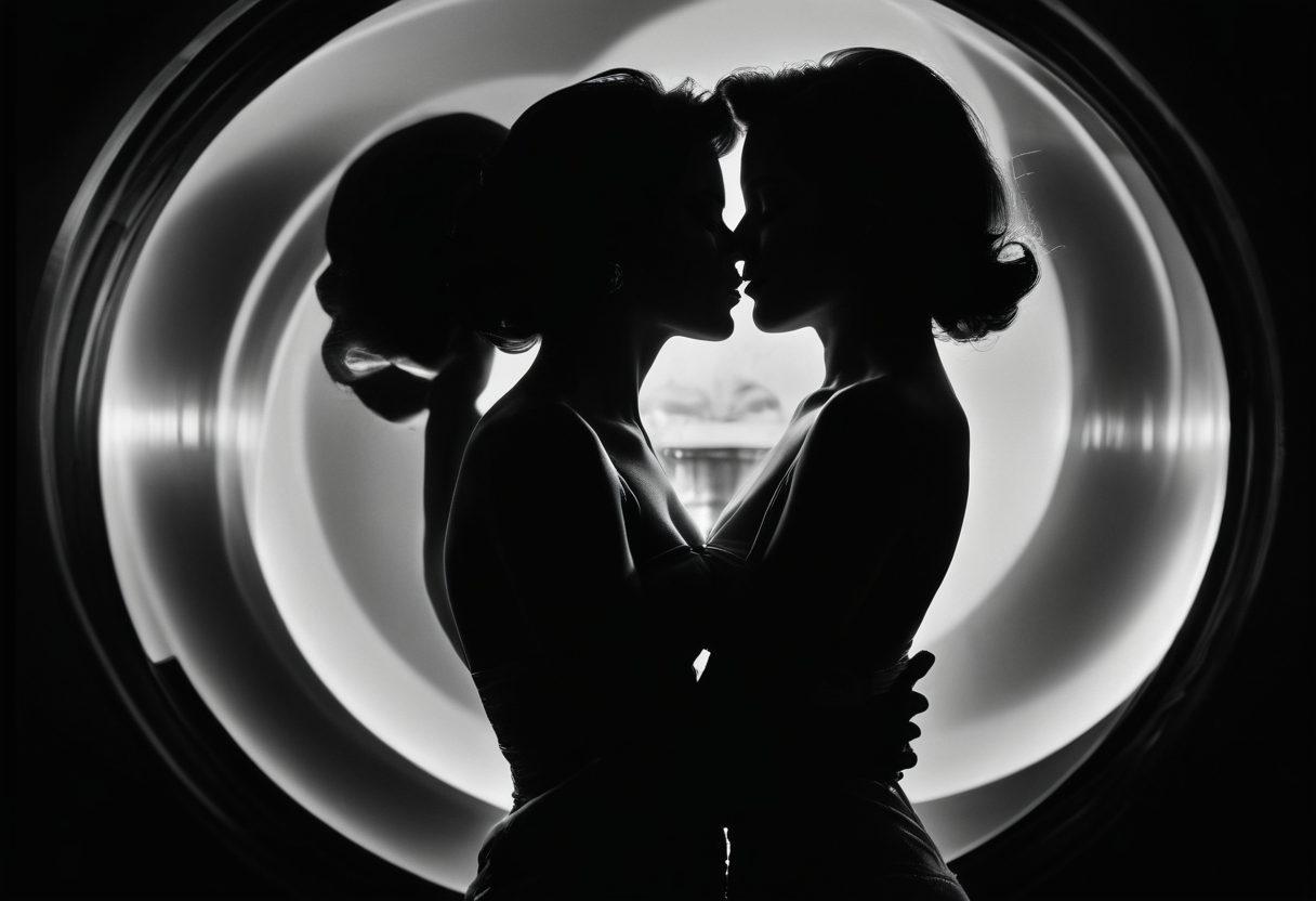 A captivating montage of vintage and modern erotic film imagery, showcasing a cinematic evolution from grainy black-and-white scenes to vibrant, colorful contemporary sensual moments. Incorporate iconic film posters, a film reel winding through the composition, and silhouettes of passionate couples. Surround the visuals with soft lighting and a romantic ambiance to convey a journey through time. retro style, soft focus, warm colors, cinematic atmosphere.