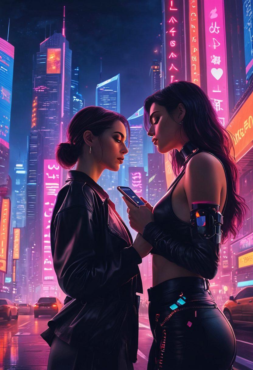 A modern, dynamic city skyline at twilight, blending iconic adult media symbols like film reels and pixelated hearts in the foreground. Include diverse people engaging with various forms of media, such as smartphones and laptops, surrounded by vibrant neon lights representing trends in sexual entertainment. Infuse a sense of exploration and connection among the characters. cyberpunk. vibrant colors. twilight background.