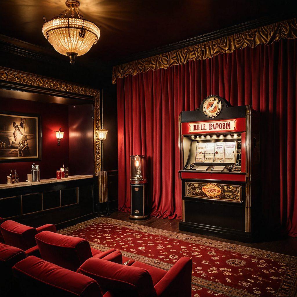 A captivating scene inside a dimly lit vintage cinema showcasing an alluring film reel and dramatic red velvet curtains. The ambiance radiates excitement and mystery, suggesting an exploration of erotic films. Subtle hints of classic movie elements like popcorn and an ornate marquee can be seen in the background, creating an enticing atmosphere. warm lighting, vintage aesthetic, intriguing composition.